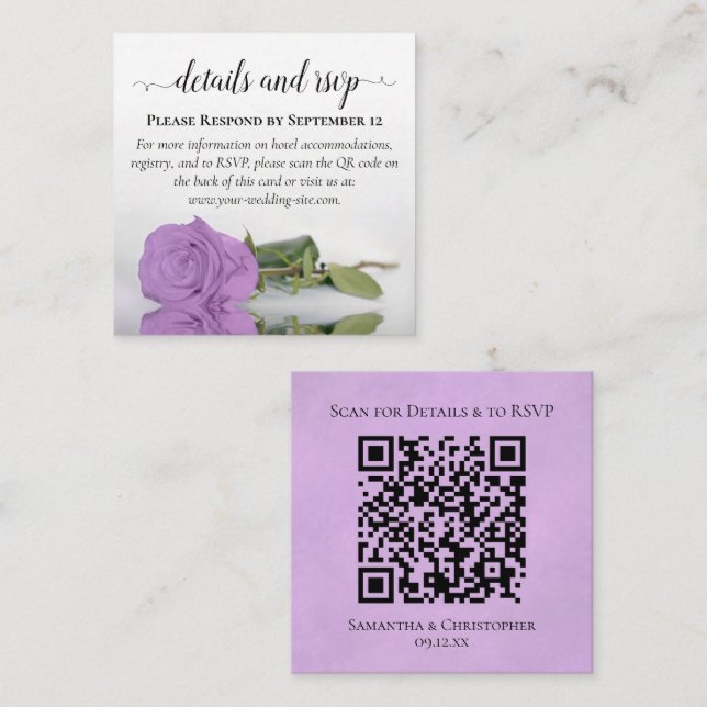 Carte D'accompagnement Détails du mariage Lilac Purple Rose & Code QR de  (Devant / Derrière)