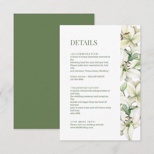 Carte D'accompagnement Détails du Mariage LILY Blossom Elegance (Devant / Derrière)