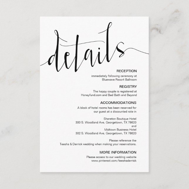 Carte D'accompagnement Détails du Mariage moderne Black Editable (Devant)