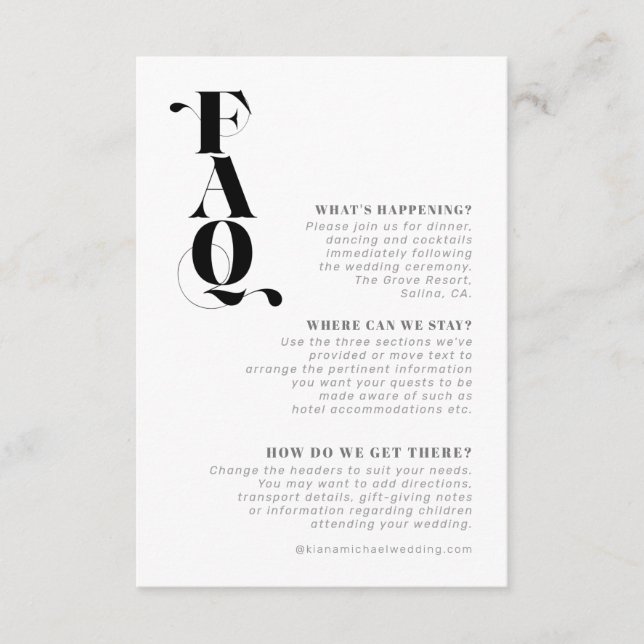 Carte D'accompagnement Détails du Mariage moderne décoratif FAQ ID887 (Devant)