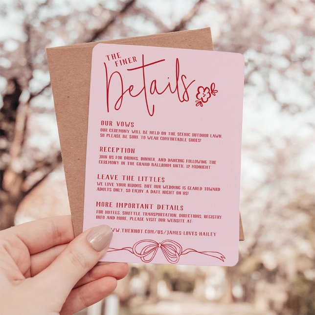 Carte D'accompagnement Détails du Mariage moderne Quirky Hand Draw Bow PI (Unique modern retro hand drawn pink & red bow floral script vintage wedding invitation details card)