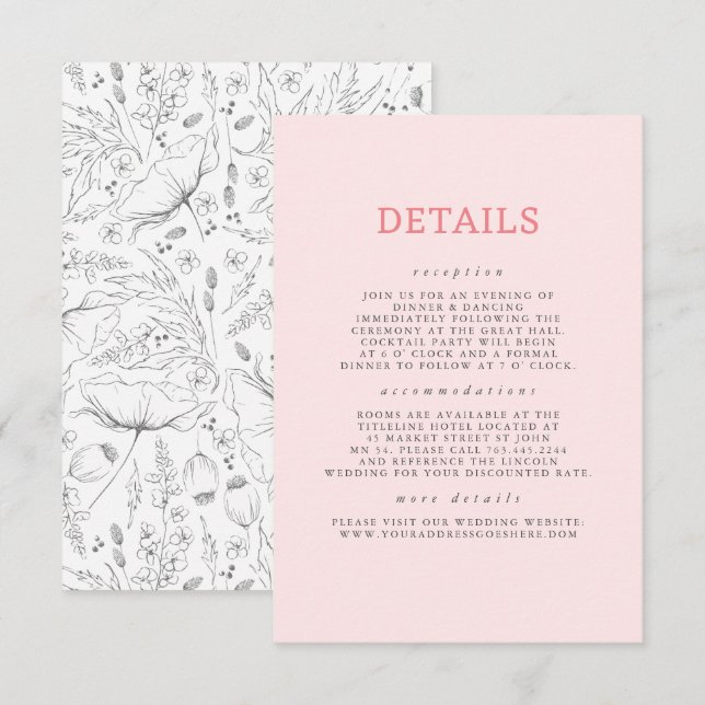 Carte D'accompagnement Détails du Mariage Motif Fleur sauvage dessiné à l (Devant / Derrière)