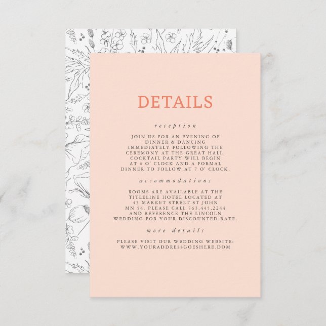 Carte D'accompagnement Détails du Mariage Motif Fleur sauvage dessiné à l (Devant / Derrière)