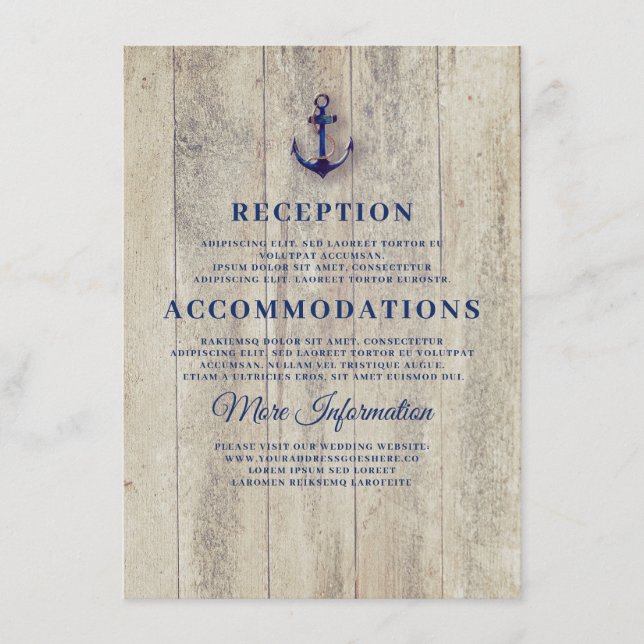 Carte D'accompagnement Détails du Mariage Nautique Marine Blue Rustic (Devant)