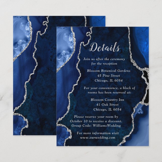 Carte D'accompagnement Détails du mariage Navy Blue et Agate Argentée (Devant / Derrière)