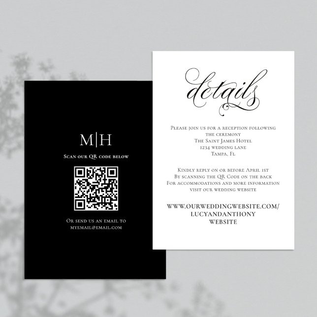 Carte D'accompagnement Détails du Mariage noir et blanc QR Code RSVP (Black and White calligraphy script enclosure card with scannable QR Code. )