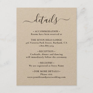 Carte D'accompagnement Détails du Mariage papier Kraft élégant