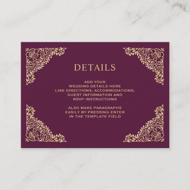 Carte D'accompagnement Détails du Mariage Plum et Gold du cadre floral (Devant)