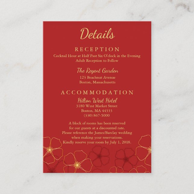 Carte D'accompagnement Détails du Mariage Red Gold Cherry Blossoms (Devant)