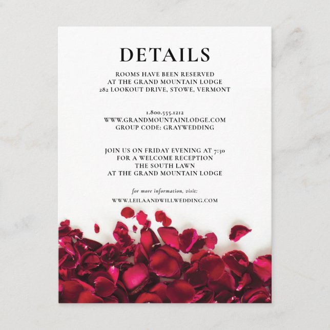 Carte D'accompagnement Détails du Mariage Red Roses (Devant)