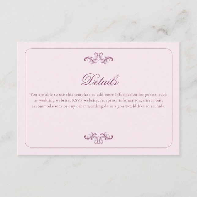 Carte D'accompagnement Détails du Mariage rose classique (Devant)