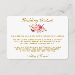 Carte D'accompagnement Détails du Mariage rose Floral Or Insérer une cart