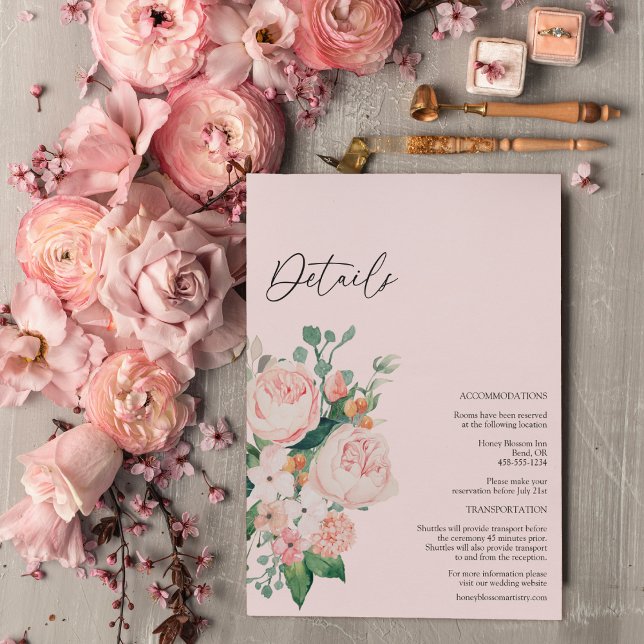 Carte D'accompagnement Détails du Mariage rose flou flush (Créateur téléchargé)