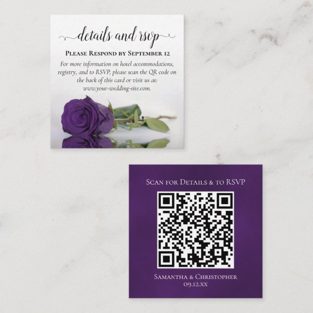 Carte D'accompagnement Détails du Mariage Rose Royal violet et code QR RS (Devant / Derrière)