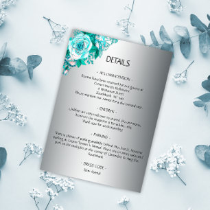 Carte D'accompagnement Détails du Mariage Rose Silver and Aqua