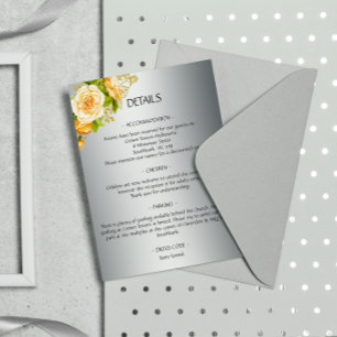Carte D'accompagnement Détails du Mariage Roses Jaunes et Argent