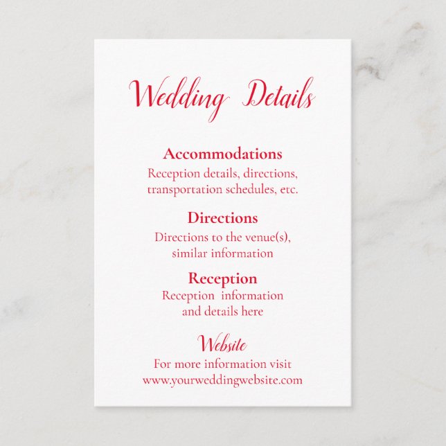 Carte D'accompagnement Détails du Mariage rouge et blanc (Devant)