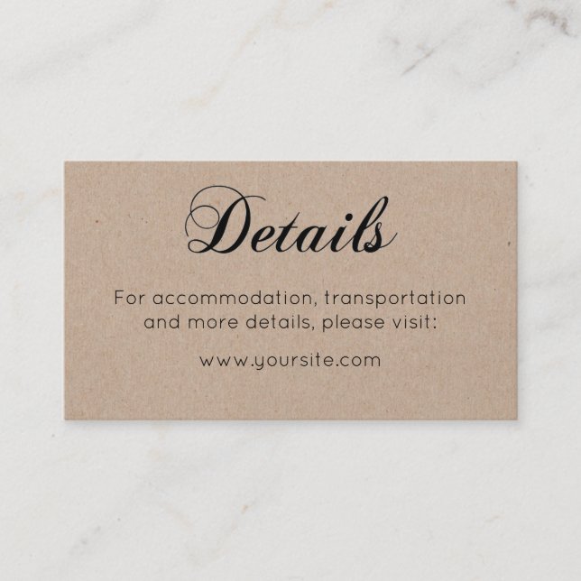 Carte D'accompagnement Détails du mariage rustique. Calligraphie de pays  (Devant)