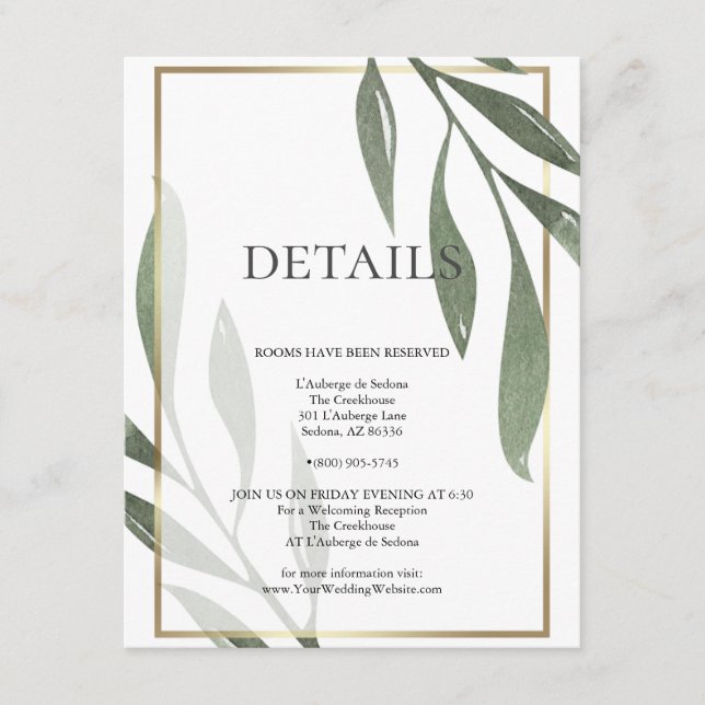 Carte D'accompagnement DÉTAILS DU MARIAGE | Sage Green Olive Foliing (Devant)