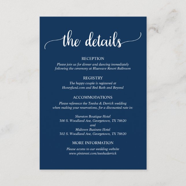 Carte D'accompagnement Détails du mariage, Script bleu Rustic Navy (Devant)