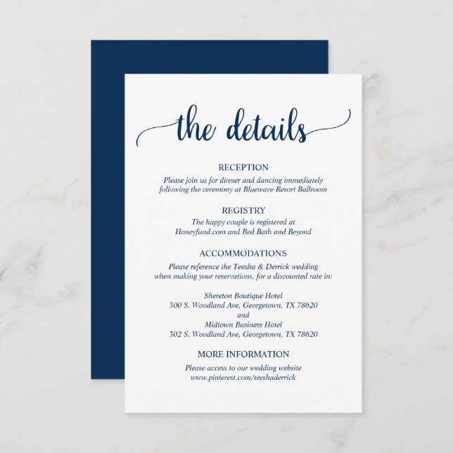 Carte D'accompagnement Détails du mariage, Script bleu Rustic Navy (Devant / Derrière)