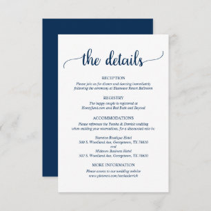 Carte D'accompagnement Détails du mariage, Script bleu Rustic Navy