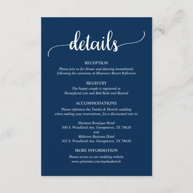 Carte D'accompagnement Détails du mariage, Script bleu Rustic Navy (Devant)