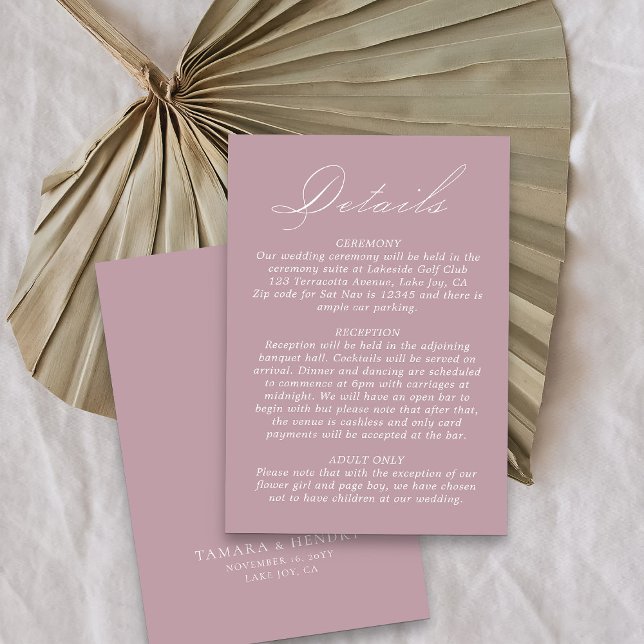 Carte D'accompagnement Détails du mariage Script de calligraphie Rose Dus (Simple dusty rose pink wedding details card from my Wedding Colors collection)