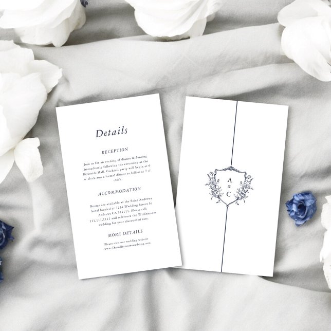 Carte D'accompagnement Détails du mariage simple à crête minimal (white with navy text stylish causual wedding stationary , tie the knot in style )