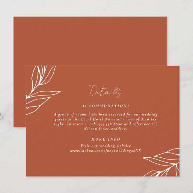 Carte D'accompagnement Détails du Mariage Tropical Bohème Rust (Devant / Derrière)