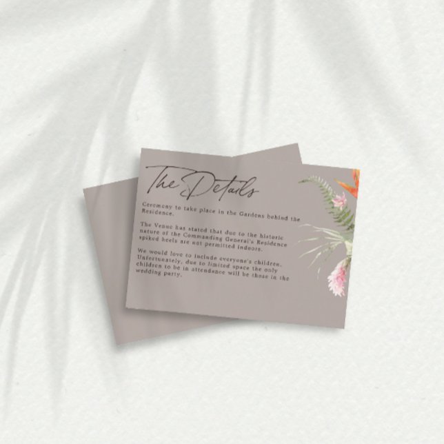 Carte D'accompagnement Détails du Mariage Tropical Floral Taupe (Créateur téléchargé)