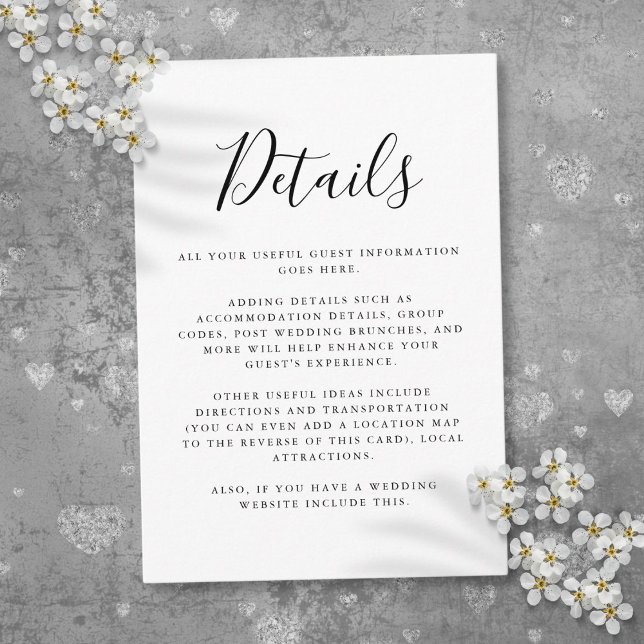 Carte D'accompagnement Détails du script d'information pour les invités n (Black And White Guest Information Script Details Enclosure Card)