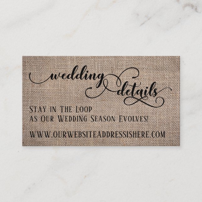 Carte D'accompagnement Détails du site Web de mariage Burlap & Script Élé (Devant)