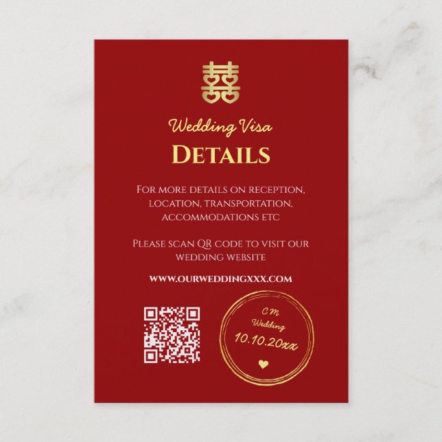 Carte D'accompagnement Détails du visa d'entrée mariage chinois rouge fon (Devant)