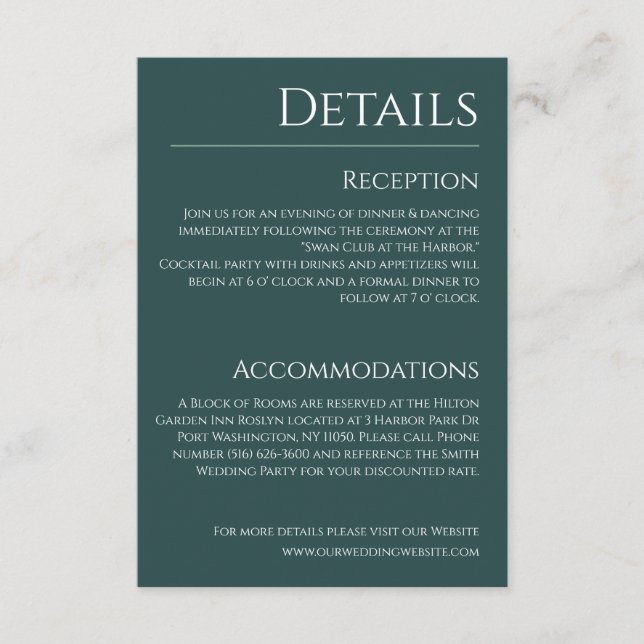 Carte D'accompagnement Détails Emerald Green et White Mariage- (Devant)