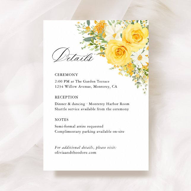 Carte D'accompagnement Détails et informations sur le mariage aux roses f (Yellow floral wedding details card, watercolor roses, garden wedding stationery information card)