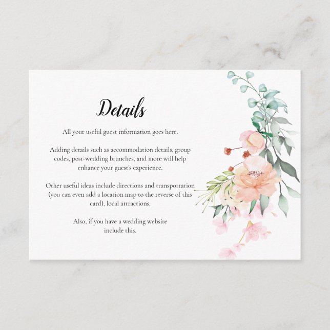 Carte D'accompagnement Détails floraux de mariage avec verdure et roses d (Devant)