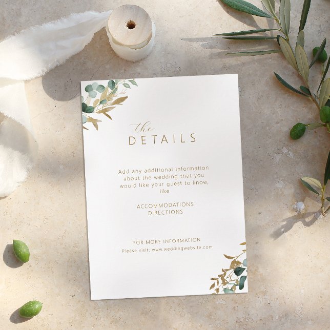 Carte D'accompagnement Détails mariage de l'eucalyptus rustique or vert (Rustic eucalyptus gold greenery wedding details enclosure card)