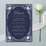 Carte D'accompagnement Détails mariage Marine Bleu Vintage Élégant Script<br><div class="desc">Cette carte marine bleue, élégante clôture de mariage, à l'air vintage, a un cadre vintage avec des décorations baroques en faux feuille d'argent sur un arrière - plan bleu marine. Le titre Détails est écrit en faux argent, dans un élégant script calligraphique. Tout le texte a une couleur grise semblable...</div>