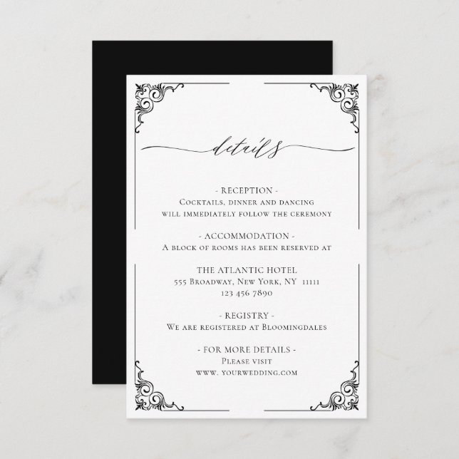 Carte D'accompagnement Détails Mariage Noir Et Blanc Simple Et Élégant (Devant / Derrière)