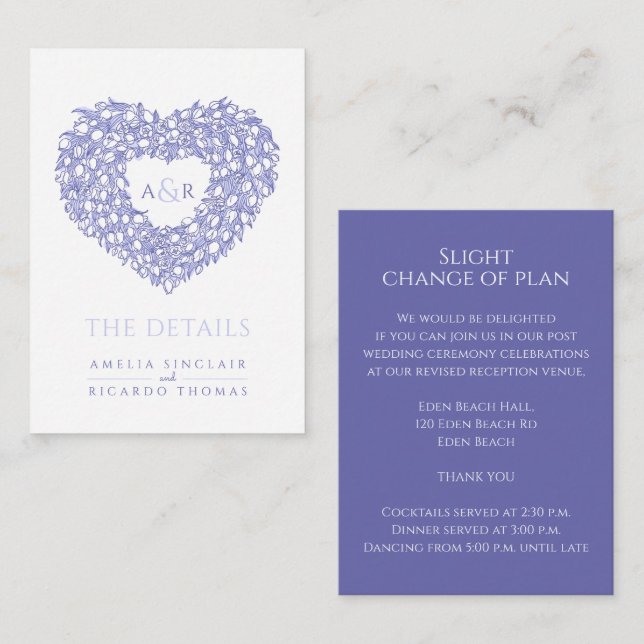 Carte D'accompagnement détails mariage tulip bouquet monogramme bleu blan (Devant / Derrière)