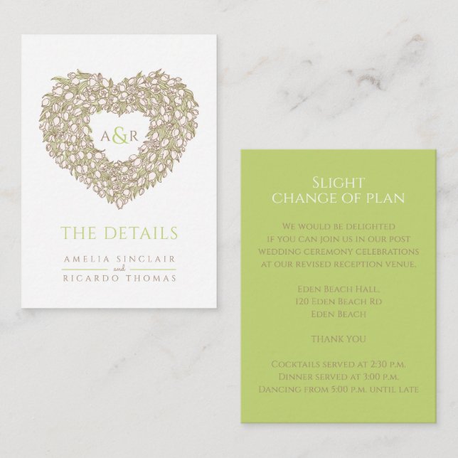 Carte D'accompagnement détails mariage tulip bouquet monogramme vert brun (Devant / Derrière)