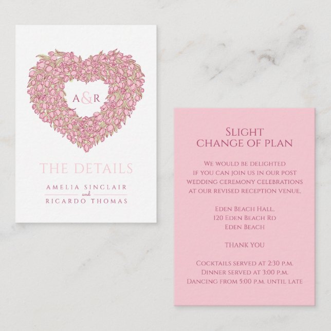 Carte D'accompagnement détails mariage tulipes rose bouquet de coeur mono (Devant / Derrière)