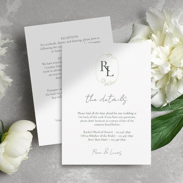 Carte D'accompagnement Détails minima chic Mariage blanc vert monogramme (Créateur téléchargé)