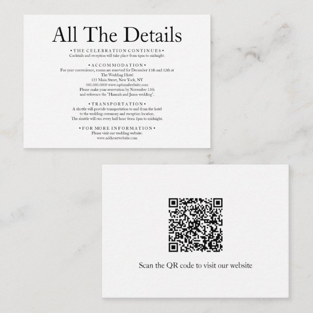 Carte D'accompagnement Détails minimaux du code QR Elegant Mariage blanc  (Devant / Derrière)
