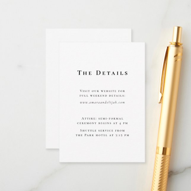 Carte D'accompagnement Détails minimaux du Mariage moderne noir et blanc (Devant/Arrière en situation)