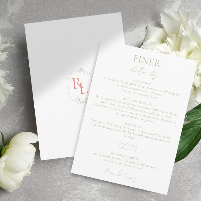 Carte D'accompagnement Détails minimaux du Mariage Monogramme vert corail (Créateur téléchargé)
