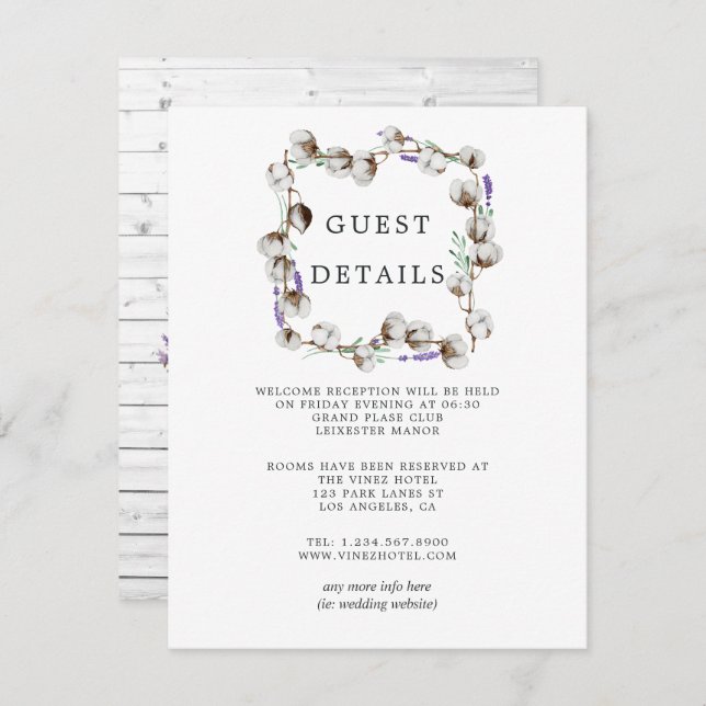 Carte D'accompagnement Détails pour invités de mariage en coton rustique  (Devant / Derrière)