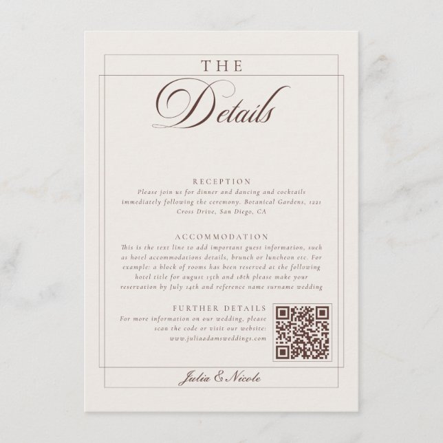 Carte D'accompagnement Détails QR de calligraphie marron choco classique  (Devant)