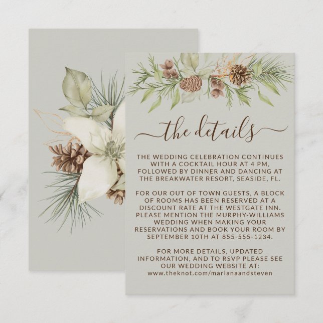 Carte D'accompagnement Détails RSVP Site Web Mariage Beige Hiver (Devant / Derrière)